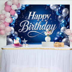 Lofaris Blau Silber Happy Birthday Hintergrund mit Luftballons und Sternen, elegante glitzernde Fotowand für festliche Partydekoration