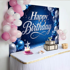 Lofaris Blau Silber Happy Birthday Hintergrund mit Luftballons und Sternen, elegante glitzernde Fotowand für festliche Partydekoration