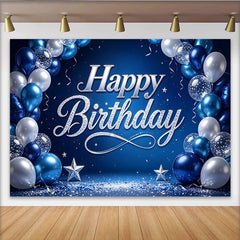 Lofaris Blau Silber Happy Birthday Hintergrund mit Luftballons und Sternen, elegante glitzernde Fotowand für festliche Partydekoration