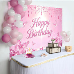 Lofaris Rosa Glitzer Happy Birthday Schmetterling Hintergrund für Mädchen, funkelnde Prinzessin Partydekoration mit Edelsteinen