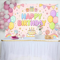 Lofaris Bunter Cartoon Happy Birthday Hintergrund für Kinder mit Ballons und Kuchen, süße Fotowand für Partydekoration