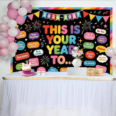 Lofaris Bunter Neujahrs-Motivationshintergrund mit inspirierenden Sprüchen und Regenbogenrand, fröhliche Kulisse für Schulanfang