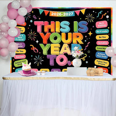 Lofaris Bunter Neujahrshintergrund mit motivierenden Sprüchen und Regenbogenrand, fröhliche Kulisse für Silvesterparty und Fotoshooting