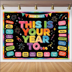 Lofaris Bunter Neujahrshintergrund mit motivierenden Sprüchen und Regenbogenrand, fröhliche Kulisse für Silvesterparty und Fotoshooting