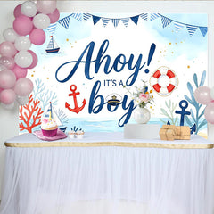 Lofaris Maritim Babyparty Hintergrund für Jungen mit Anker und Segelbooten, blaue Aquarell-Fotowand für Babyparty-Dekoration