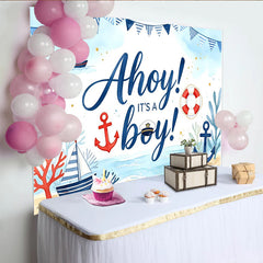 Lofaris Maritim Babyparty Hintergrund für Jungen mit Anker und Segelbooten, blaue Aquarell-Fotowand für Babyparty-Dekoration