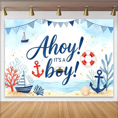 Lofaris Maritim Babyparty Hintergrund für Jungen mit Anker und Segelbooten, blaue Aquarell-Fotowand für Babyparty-Dekoration