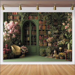 Lofaris. Grüne Bücherregale, rosa Kirschblüten und Rosen Hintergrund, für Partys, Geburtstage und Fotoshootings, Wanddekoration.