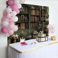 Lofaris Vintage-Bücherregal-Partyhintergrund mit Blumen und Pflanzen, für Fotoshootings, Märchenwald-Stil