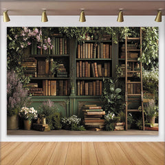 Lofaris Vintage-Bücherregal-Partyhintergrund mit Blumen und Pflanzen, für Fotoshootings, Märchenwald-Stil