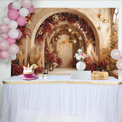 Lofaris Festlicher Winter-Partyhintergrund mit roten Blumen und goldenen Sternen, elegante Bogenkulisse für Weihnachten