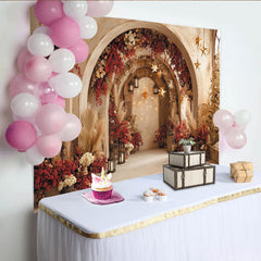 Lofaris Festlicher Winter-Partyhintergrund mit roten Blumen und goldenen Sternen, elegante Bogenkulisse für Weihnachten