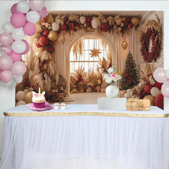 Lofaris Rot-Gold-Beige Pampasgras- und Blumen-Weihnachtshintergrund, für festliche Winterpartys und Fotoshootings