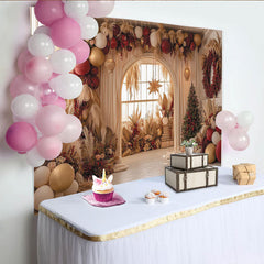 Lofaris Rot-Gold-Beige Pampasgras- und Blumen-Weihnachtshintergrund, für festliche Winterpartys und Fotoshootings