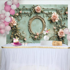 Lofaris Vintage Barock Rosen Partyhintergrund, elegantes mintgrünes Design mit goldenem Rahmen für Hochzeiten und Porträts