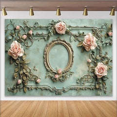Lofaris Vintage Barock Rosen Partyhintergrund, elegantes mintgrünes Design mit goldenem Rahmen für Hochzeiten und Porträts