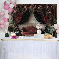 Lofaris Eleganter Vintage-Blumenbogen-Partyhintergrund mit Samtvorhängen, romantische Fotokulisse für Hochzeiten