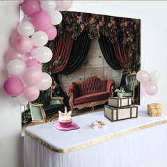 Lofaris Eleganter Vintage-Blumenbogen-Partyhintergrund mit Samtvorhängen, romantische Fotokulisse für Hochzeiten