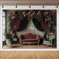 Lofaris Eleganter Vintage-Blumenbogen-Partyhintergrund mit Samtvorhängen, romantische Fotokulisse für Hochzeiten