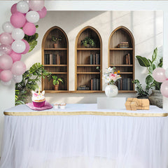 Lofaris Holzregal-Hintergrund mit Büchern und Pflanzen, für Partys und Fotoshootings, natürliche Ästhetik