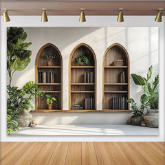 Lofaris Holzregal-Hintergrund mit Büchern und Pflanzen, für Partys und Fotoshootings, natürliche Ästhetik