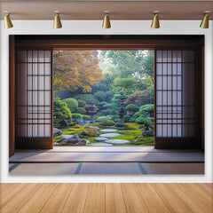 Lofaris Ruhiger natürlicher Japanischer Gartenhintergrund, mit Moos, Steinen und Herbstlaub, für Meditation und Fotostudio