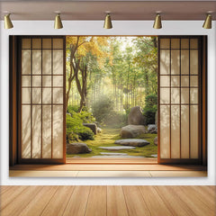 Lofaris Idyllischer Japanischer Garten Hintergrund mit Shoji-Fenster, für entspannte Anlässe und Fotostudios, grüne Naturkulisse