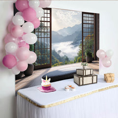 Lofaris Japanischer Natur-Hintergrund mit Berglandschaft und Morgenstimmung, ruhige Zen-Kulisse für Meditation