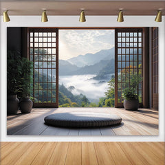 Lofaris Japanischer Natur-Hintergrund mit Berglandschaft und Morgenstimmung, ruhige Zen-Kulisse für Meditation