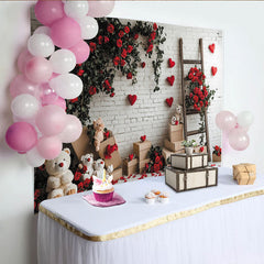 Lofaris Romantischer Valentinstagshintergrund mit roten Rosen und Herzen, Teddybären und weißer Ziegelwand für Fotoshootings