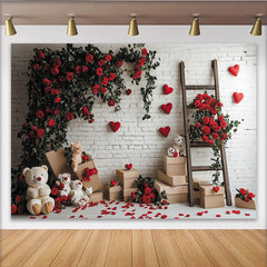 Lofaris Romantischer Valentinstagshintergrund mit roten Rosen und Herzen, Teddybären und weißer Ziegelwand für Fotoshootings