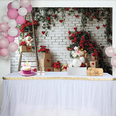 Lofaris Romantischer Valentinstagshintergrund mit roten Rosen, Herzen und Teddybären, weißer Ziegelwand und Holzleiter für Liebesfeier