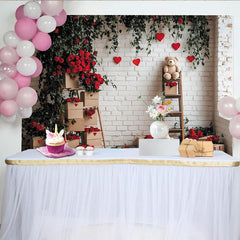 Lofaris Romantischer Valentinstagshintergrund mit roten Rosen und Herzen, Teddybären und weißer Ziegelwand für Fotos