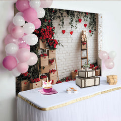 Lofaris Romantischer Valentinstagshintergrund mit roten Rosen und Herzen, Teddybären und weißer Ziegelwand für Fotos