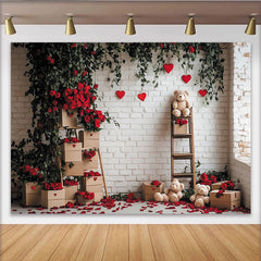 Lofaris Romantischer Valentinstagshintergrund mit roten Rosen und Herzen, Teddybären und weißer Ziegelwand für Fotos