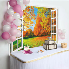 Lofaris Herbstlandschaft-Fensterhintergrund mit bunten Herbstbäumen und blauem Himmel, ideal für Fotostudio und Wanddekoration