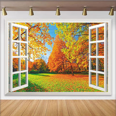 Lofaris Herbstlandschaft-Fensterhintergrund mit bunten Herbstbäumen und blauem Himmel, ideal für Fotostudio und Wanddekoration