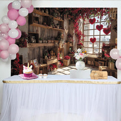 Lofaris Romantischer Valentinstags-Fotohintergrund mit roten Blumen und Herzen, rustikales Holzfenster für Paarfotoshooting
