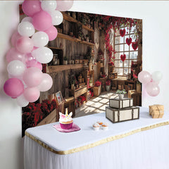 Lofaris Romantischer Valentinstags-Fotohintergrund mit roten Blumen und Herzen, rustikales Holzfenster für Paarfotoshooting
