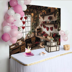 Lofaris Romantischer Valentinstag Fotohintergrund mit roten Herzen und Rosen, rustikale Kulisse für Paarfotos