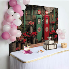 Lofaris Rot-grüner Vintage-Fotohintergrund mit Rosen und Zapfsäulen, rustikalem Holz und Spitze für Fotoshootings