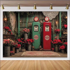 Lofaris Rot-grüner Vintage-Fotohintergrund mit Rosen und Zapfsäulen, rustikalem Holz und Spitze für Fotoshootings