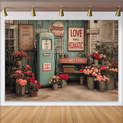 Lofaris Vintage Blumen-Fotohintergrund mit nostalgischer Zapfsäule, romantische Rosen-Dekoration für professionelle Porträtaufnahmen