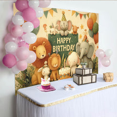 Lofaris Bunter Cartoon Tier-Geburtstagshintergrund mit niedlichen Elefanten Löwen Hasen und Ballons, für Kindergeburtstagsfeier