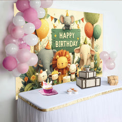 Lofaris Niedlicher Tier-Geburtstagshintergrund mit bunten Luftballons und Kuchen, für eine fröhliche Kinderparty