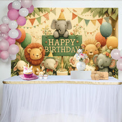 Lofaris Niedlicher Dschungel Tier-Geburtstagshintergrund im Aquarellstil mit Elefanten Löwen und Ballons, für fröhliche Kindergeburtstagsfeier