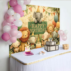 Lofaris Niedlicher Dschungel Tier-Geburtstagshintergrund im Aquarellstil mit Elefanten Löwen und Ballons, für fröhliche Kindergeburtstagsfeier