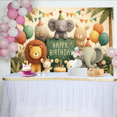 Lofaris Niedlicher bunter Dschungel Tier-Geburtstagshintergrund mit Ballons, Kuchen und Partyhüten für Kindergeburtstagsfeier