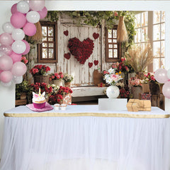 Lofaris Rustikaler Valentinstagshintergrund mit roten Rosen, rosa Blumen und Herzen, Holzwand für romantische Liebesfeiern