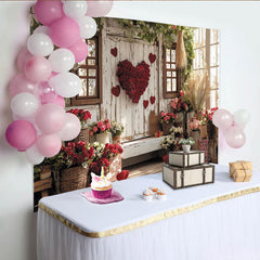 Lofaris Rustikaler Valentinstagshintergrund mit roten Rosen, rosa Blumen und Herzen, Holzwand für romantische Liebesfeiern